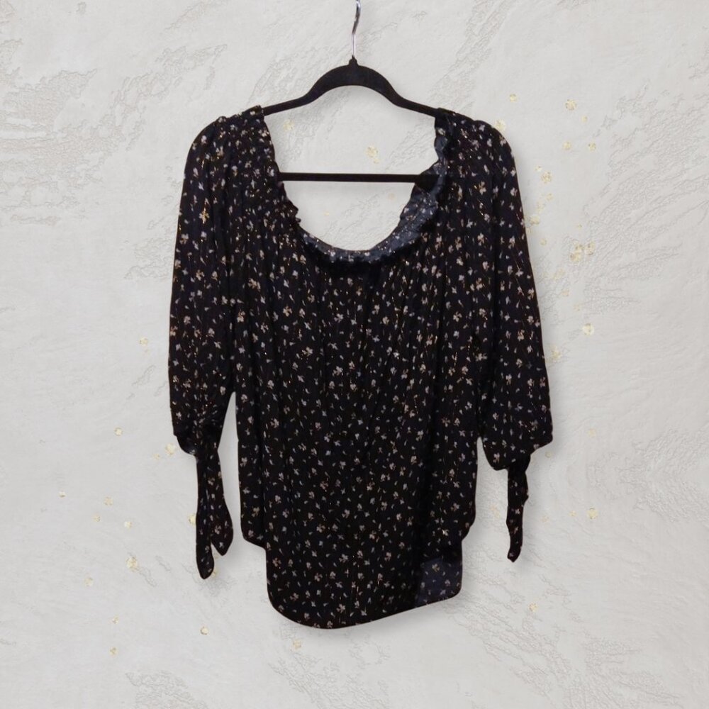 Michael Kors Black Off-Shoulder Floral Blouse – Metallic Gold Stripes Size 2X